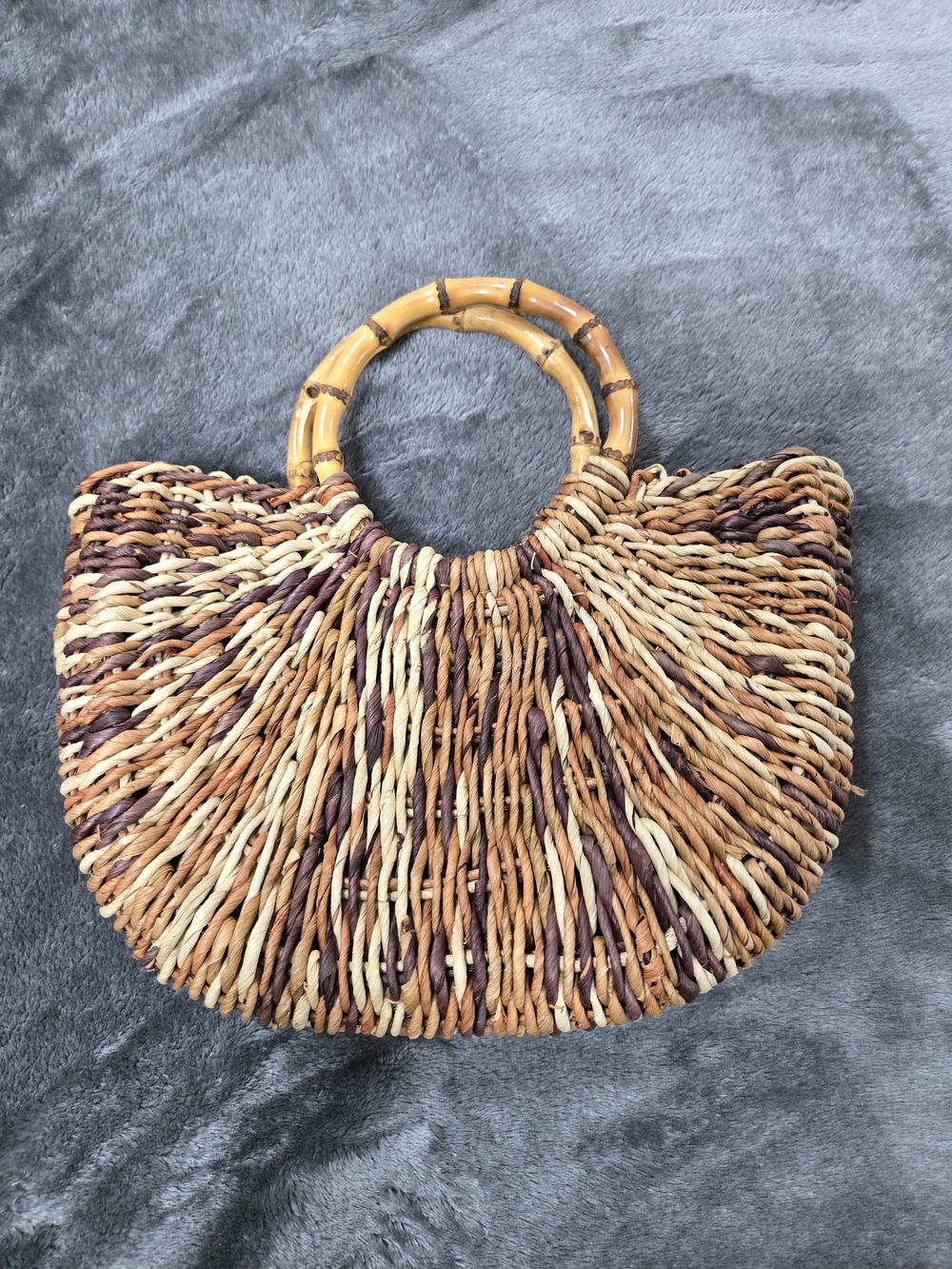 Faded Glory Natural Brown Woven Bamboo Handle Tote